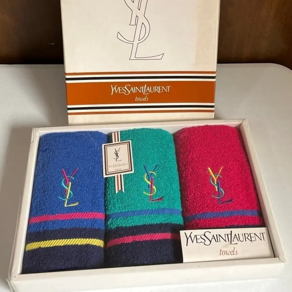 Yves Saint Laurent YSL Logo Original Box Set of 3 Bath Towels Deadstock Luxury